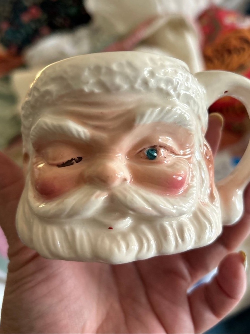 Rare super cute vintage winking Santa mug rhinestone EuC